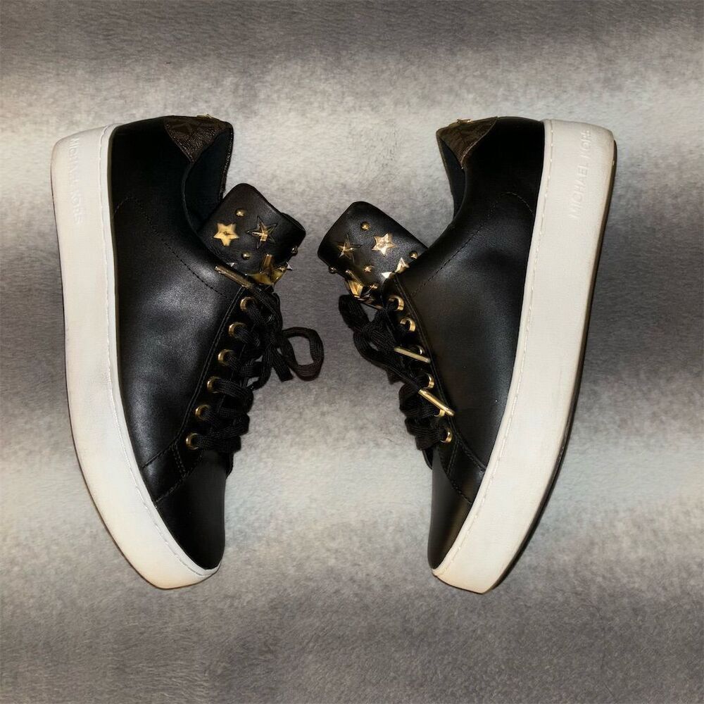 Michael Kors Mindy Women's Black Leather Gold Star Casual Sneakers - Picture 8 of 14